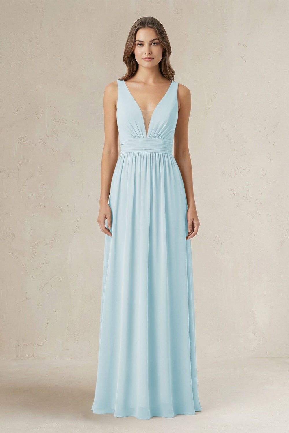 Illusion V - Neck A - Line Ruched Bridesmaid Dress in Sky Blue - KISS BRIDAL Bridesmaid Dresses