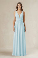 Illusion V - Neck A - Line Ruched Bridesmaid Dress in Sky Blue - SHE IS ME Bridesmaid Dresses