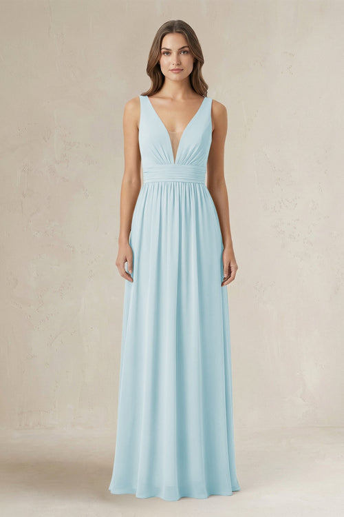 Illusion V - Neck A - Line Ruched Bridesmaid Dress in Sky Blue - SHE IS ME Bridesmaid Dresses