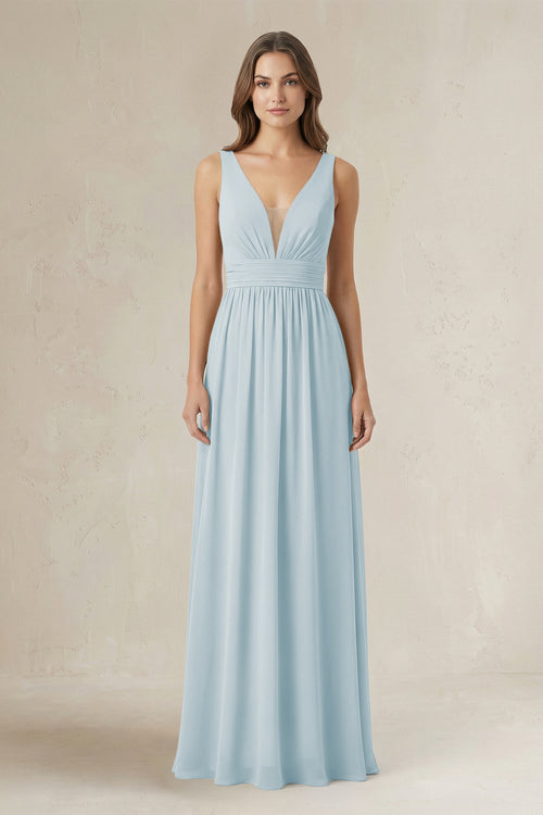 Illusion V-Neck A-Line Ruched Bridesmaid Dress in Sky Blue | KISSBRIDAL