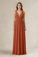Illusion V - Neck A - Line Ruched Bridesmaid Dress in Spice - SHE IS ME Bridesmaid Dresses