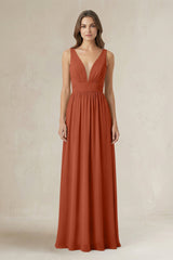 Illusion V - Neck A - Line Ruched Bridesmaid Dress in Spice - KISS BRIDAL Bridesmaid Dresses