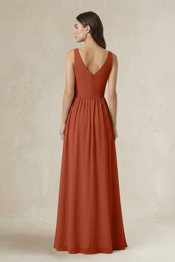 Illusion V - Neck A - Line Ruched Bridesmaid Dress in Spice - SHE IS ME Bridesmaid Dresses