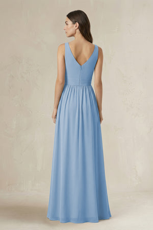Illusion V-Neck A-Line Ruched Bridesmaid Dress in Steel Blue (2) | KISSBRIDAL