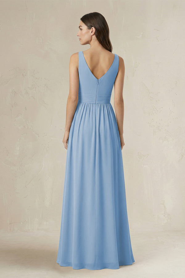 Illusion V-Neck A-Line Ruched Bridesmaid Dress in Steel Blue (2) | KISSBRIDAL