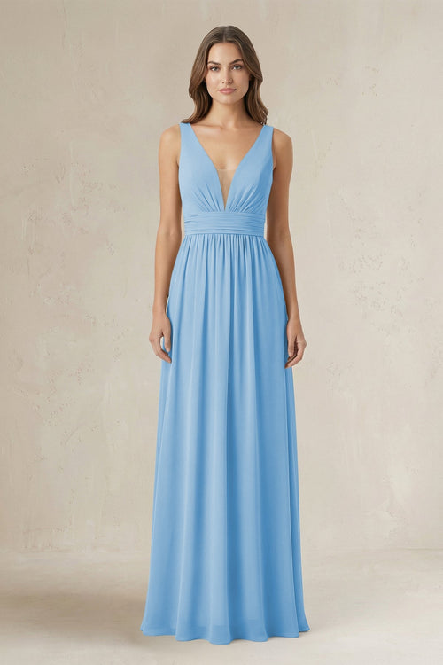 Illusion V - Neck A - Line Ruched Bridesmaid Dress in Steel Blue - SHE IS ME Bridesmaid Dresses