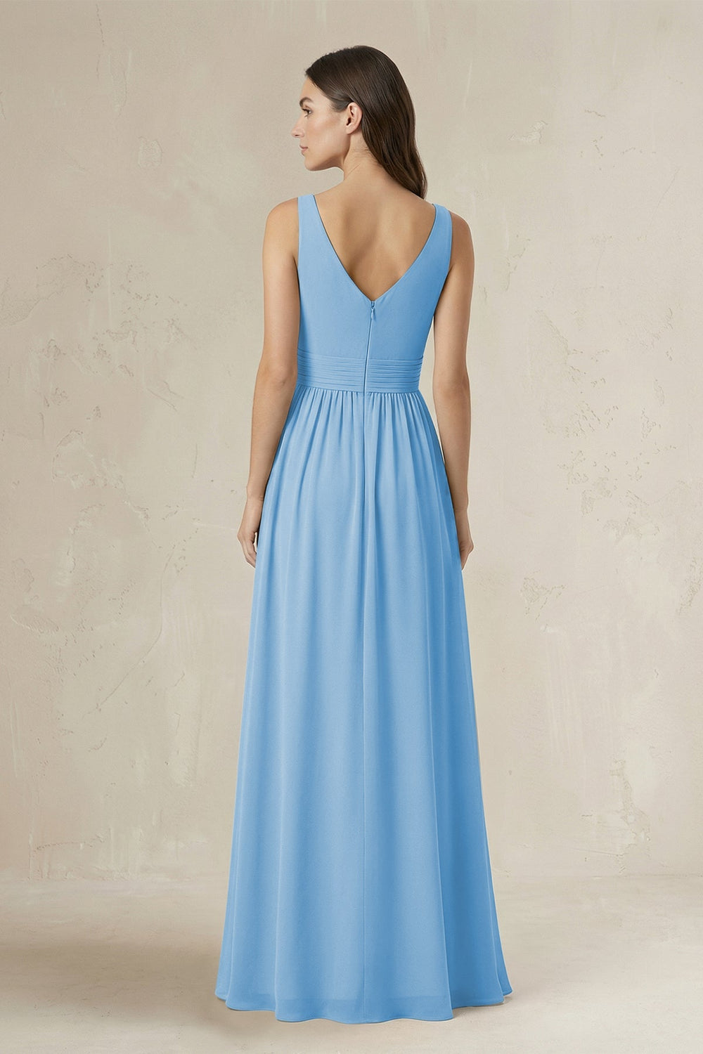 Illusion V - Neck A - Line Ruched Bridesmaid Dress in Steel Blue - KISS BRIDAL Bridesmaid Dresses