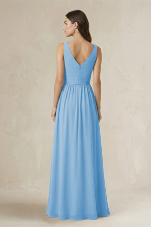 Illusion V - Neck A - Line Ruched Bridesmaid Dress in Steel Blue - SHE IS ME Bridesmaid Dresses