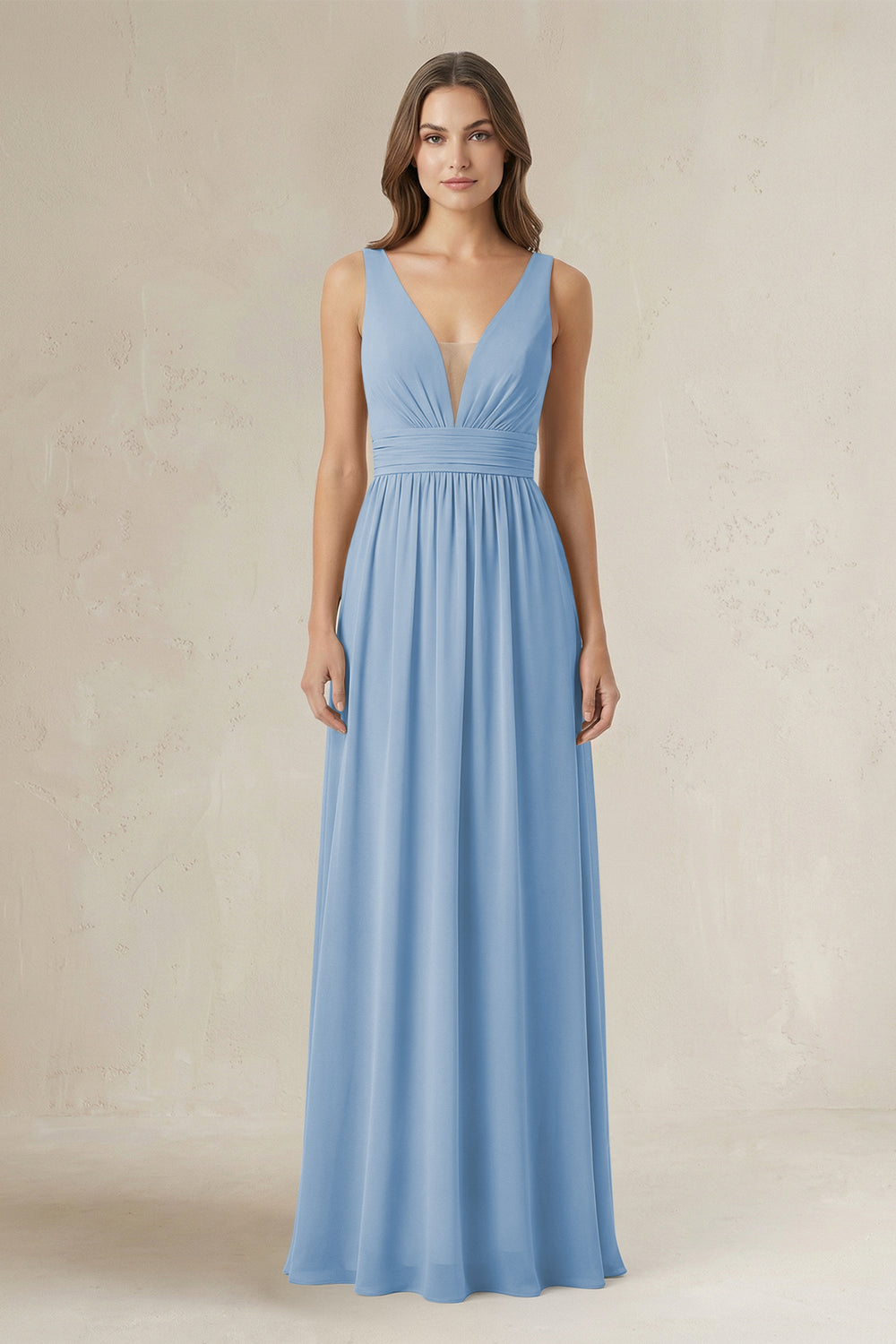 Illusion V-Neck A-Line Ruched Bridesmaid Dress in Steel Blue
