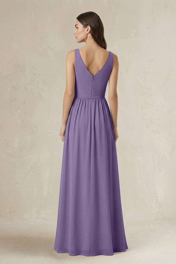Illusion V-Neck A-Line Ruched Bridesmaid Dress in Tahiti (2) | KISSBRIDAL