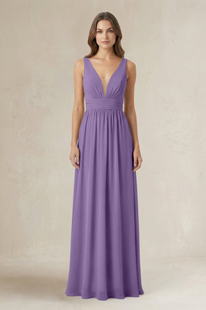 Illusion V - Neck A - Line Ruched Bridesmaid Dress in Tahiti - SHE IS ME Bridesmaid Dresses