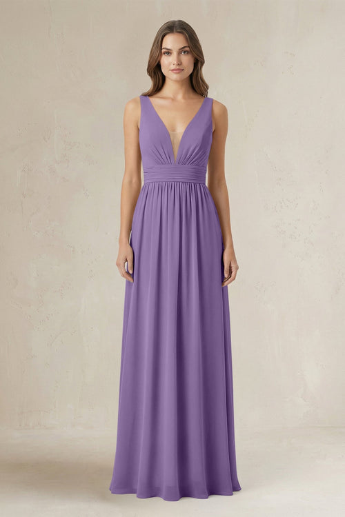 Illusion V - Neck A - Line Ruched Bridesmaid Dress in Tahiti - SHE IS ME Bridesmaid Dresses