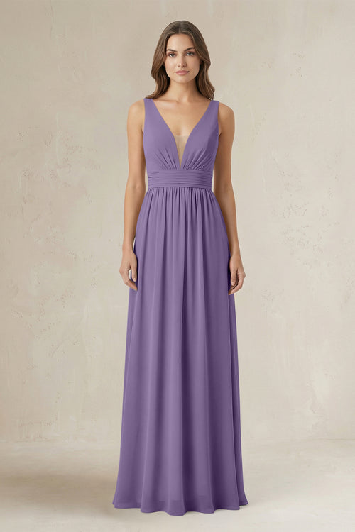 Illusion V-Neck A-Line Ruched Bridesmaid Dress in Tahiti | KISSBRIDAL