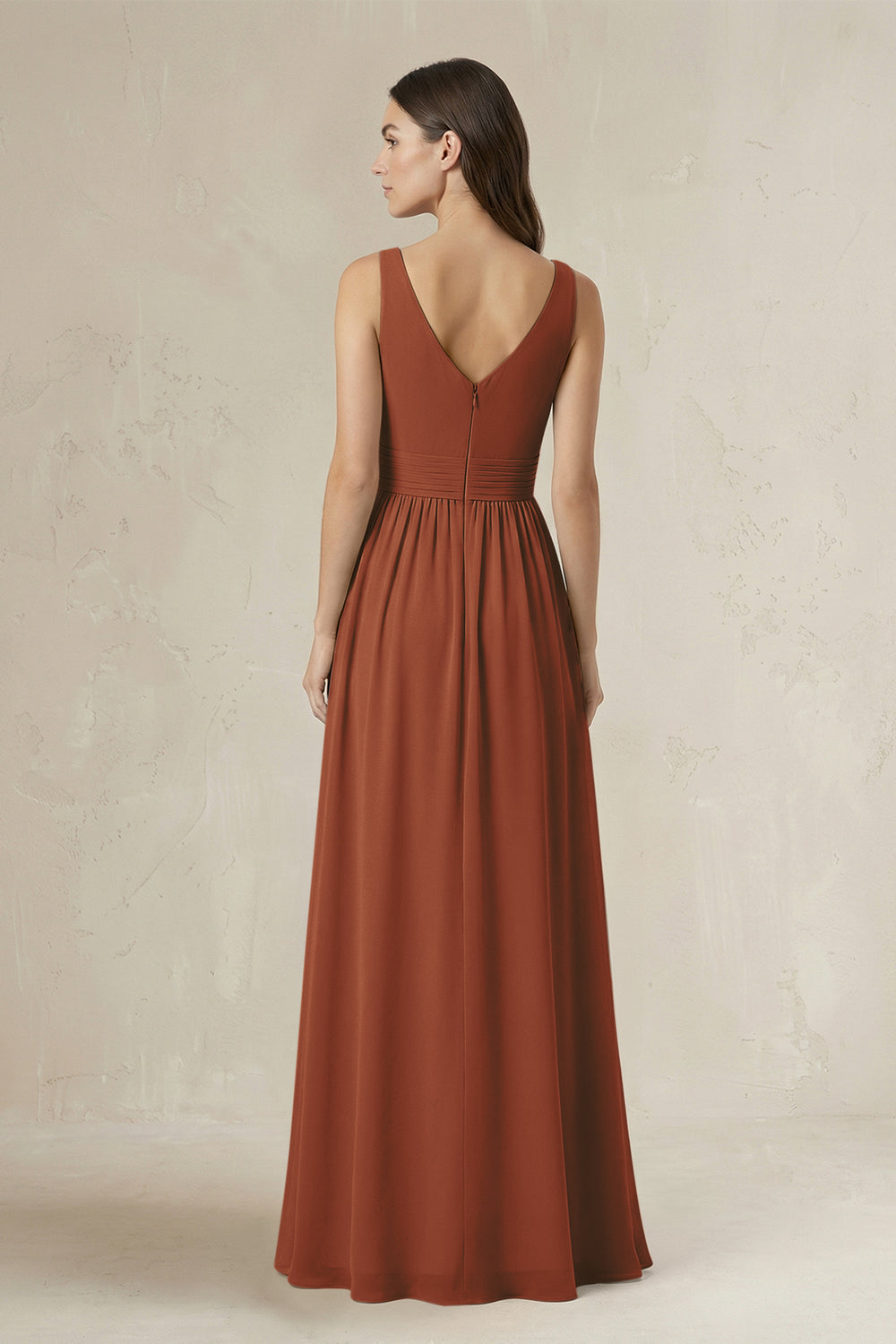 Illusion V-Neck A-Line Ruched Bridesmaid Dress in Terracotta