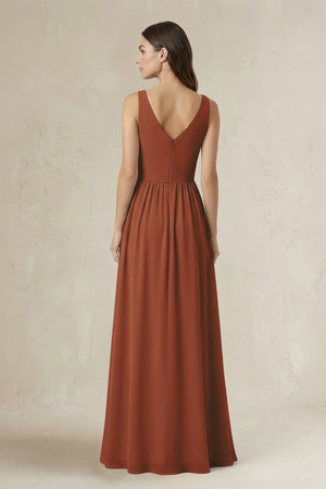 Illusion V-Neck A-Line Ruched Bridesmaid Dress in Terracotta (2) | KISSBRIDAL