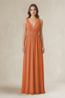 Illusion V - Neck A - Line Ruched Bridesmaid Dress in Terracotta - SHE IS ME Bridesmaid Dresses