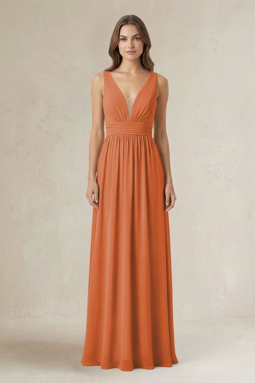 Illusion V - Neck A - Line Ruched Bridesmaid Dress in Terracotta - SHE IS ME Bridesmaid Dresses
