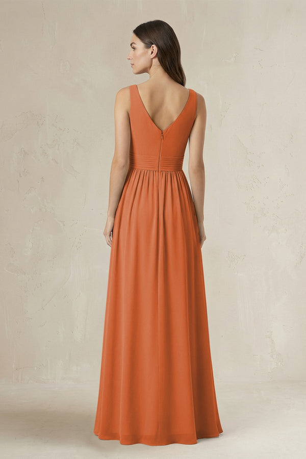 Illusion V - Neck A - Line Ruched Bridesmaid Dress in Terracotta - SHE IS ME Bridesmaid Dresses