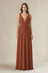 Illusion V-Neck A-Line Ruched Bridesmaid Dress in Terracotta | KISSBRIDAL