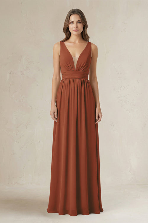 Illusion V-Neck A-Line Ruched Bridesmaid Dress in Terracotta | KISSBRIDAL