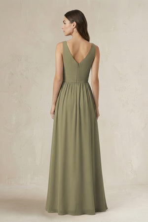 Illusion V-Neck A-Line Ruched Bridesmaid Dress in Thyme (2) | KISSBRIDAL