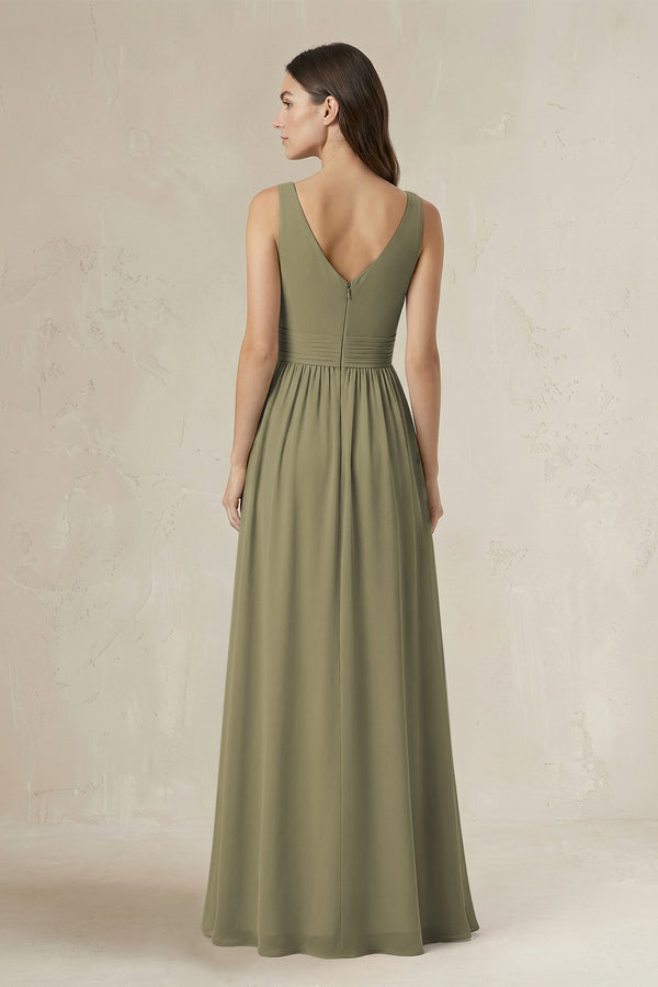 Illusion V-Neck A-Line Ruched Bridesmaid Dress in Thyme (2) | KISSBRIDAL