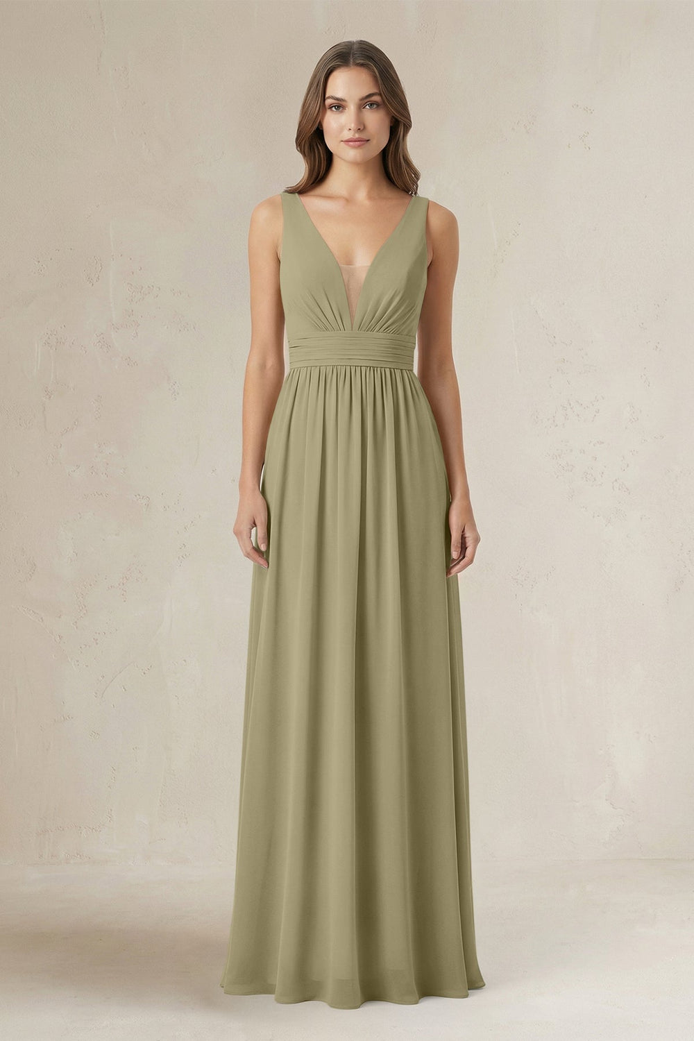 Illusion V - Neck A - Line Ruched Bridesmaid Dress in Thyme - KISS BRIDAL Bridesmaid Dresses