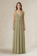 Illusion V - Neck A - Line Ruched Bridesmaid Dress in Thyme - SHE IS ME Bridesmaid Dresses