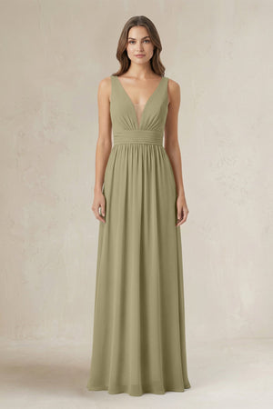 Illusion V - Neck A - Line Ruched Bridesmaid Dress in Thyme - SHE IS ME Bridesmaid Dresses