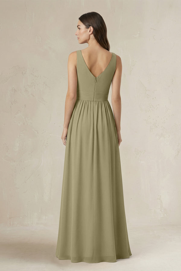 Illusion V - Neck A - Line Ruched Bridesmaid Dress in Thyme - SHE IS ME Bridesmaid Dresses