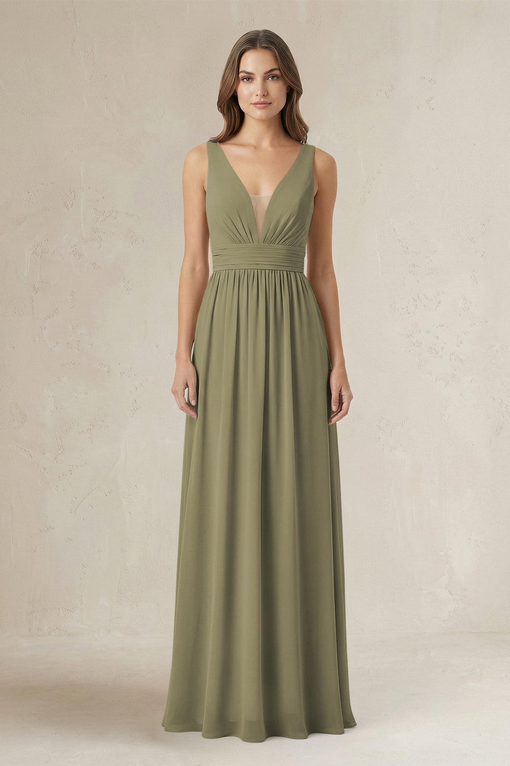 Illusion V-Neck A-Line Ruched Bridesmaid Dress in Thyme