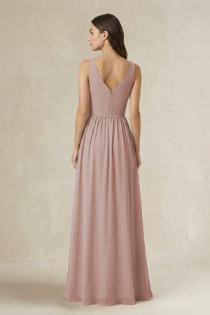 Illusion V-Neck A-Line Ruched Bridesmaid Dress in Toffee (2) | KISSBRIDAL