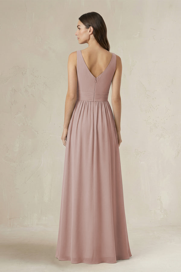 Illusion V-Neck A-Line Ruched Bridesmaid Dress in Toffee (2) | KISSBRIDAL
