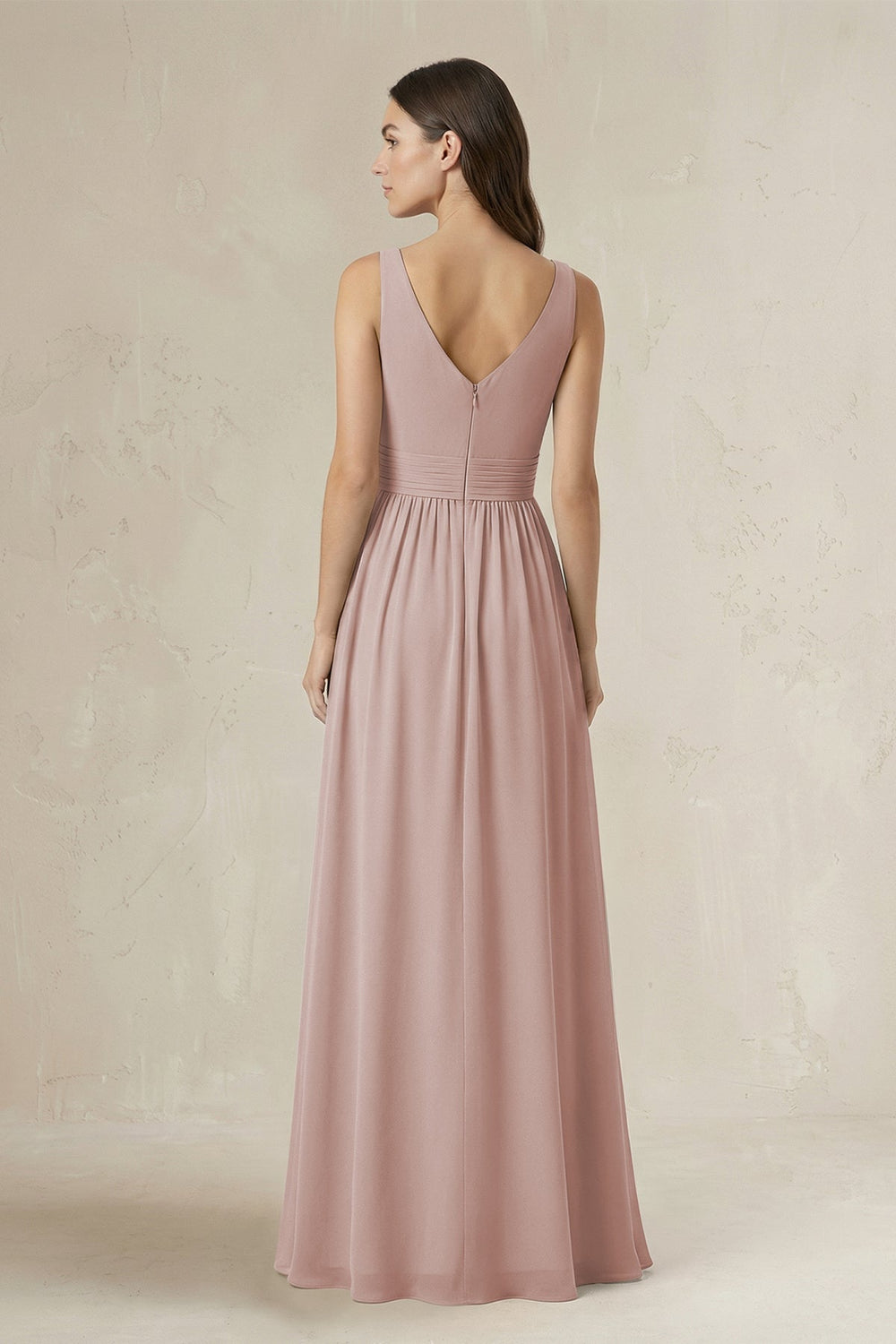 Illusion V - Neck A - Line Ruched Bridesmaid Dress in Toffee - KISS BRIDAL Bridesmaid Dresses
