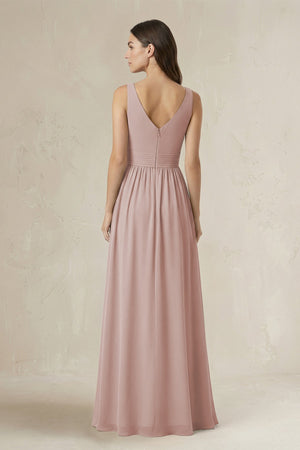 Illusion V - Neck A - Line Ruched Bridesmaid Dress in Toffee - SHE IS ME Bridesmaid Dresses