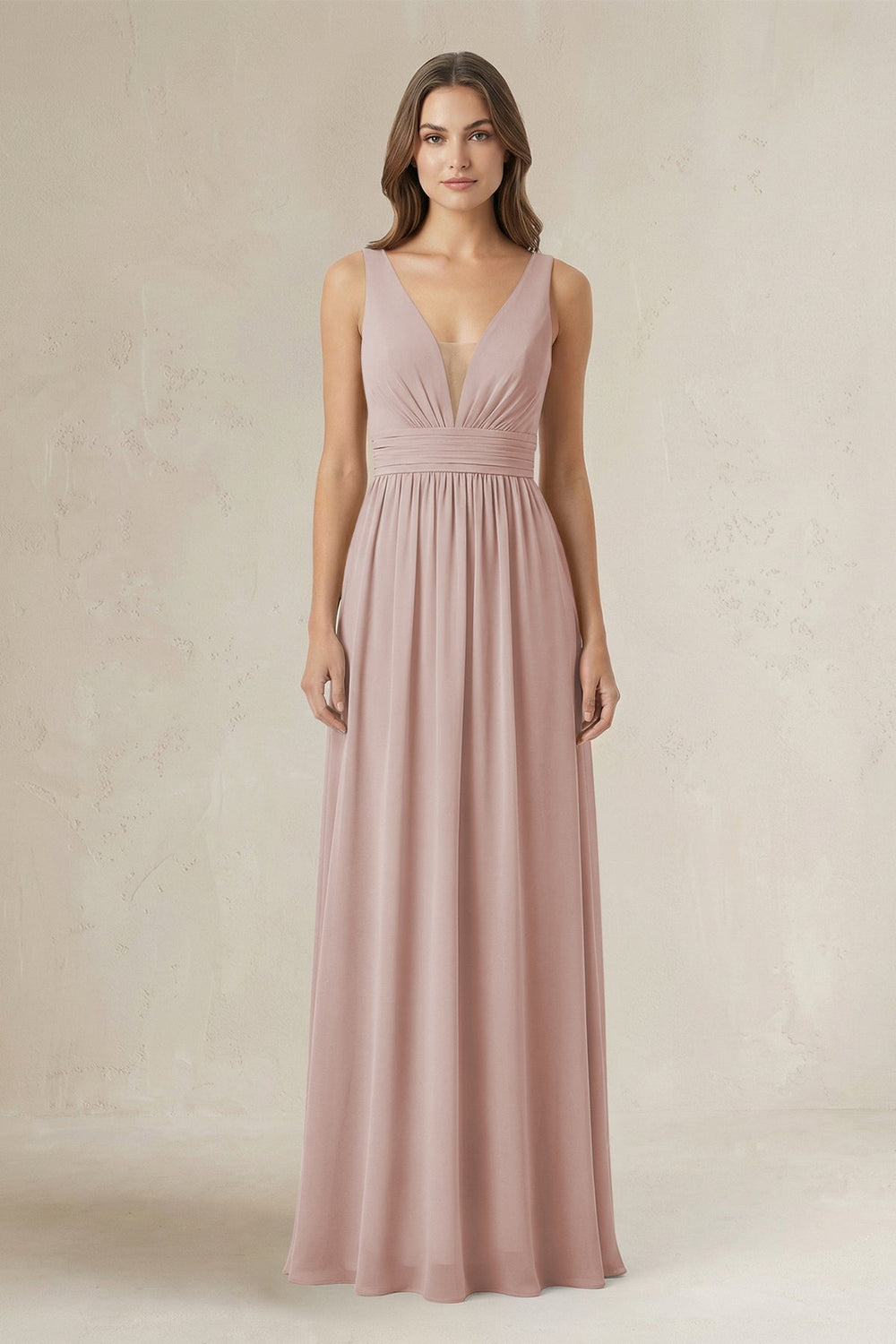 Illusion V - Neck A - Line Ruched Bridesmaid Dress in Toffee - KISS BRIDAL Bridesmaid Dresses