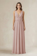 Illusion V - Neck A - Line Ruched Bridesmaid Dress in Toffee - SHE IS ME Bridesmaid Dresses