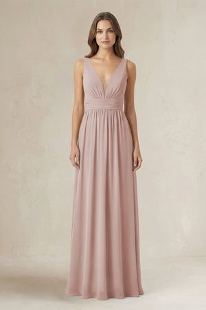 Illusion V - Neck A - Line Ruched Bridesmaid Dress in Toffee - SHE IS ME Bridesmaid Dresses