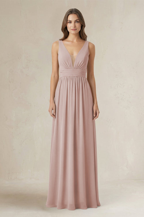 Illusion V - Neck A - Line Ruched Bridesmaid Dress in Toffee - SHE IS ME Bridesmaid Dresses