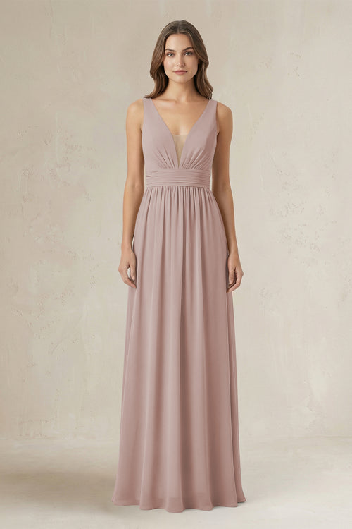 Illusion V-Neck A-Line Ruched Bridesmaid Dress in Toffee | KISSBRIDAL