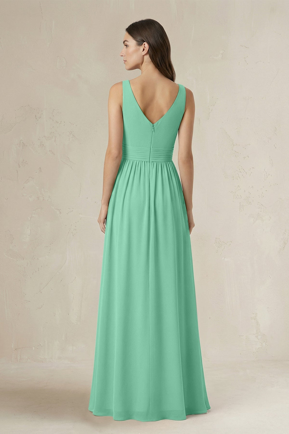 Illusion V - Neck A - Line Ruched Bridesmaid Dress in Turquoise - KISS BRIDAL Bridesmaid Dresses