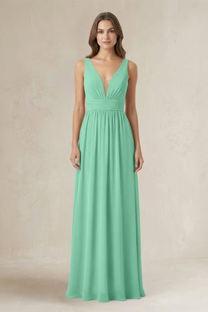 Illusion V - Neck A - Line Ruched Bridesmaid Dress in Turquoise - SHE IS ME Bridesmaid Dresses