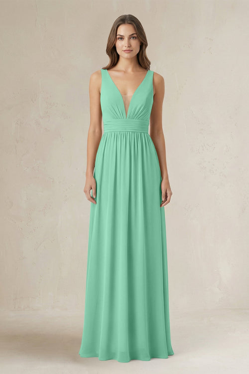 Illusion V - Neck A - Line Ruched Bridesmaid Dress in Turquoise - SHE IS ME Bridesmaid Dresses