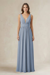 Illusion V - Neck A - Line Ruched Bridesmaid Dress in Twilight - KISS BRIDAL Bridesmaid Dresses