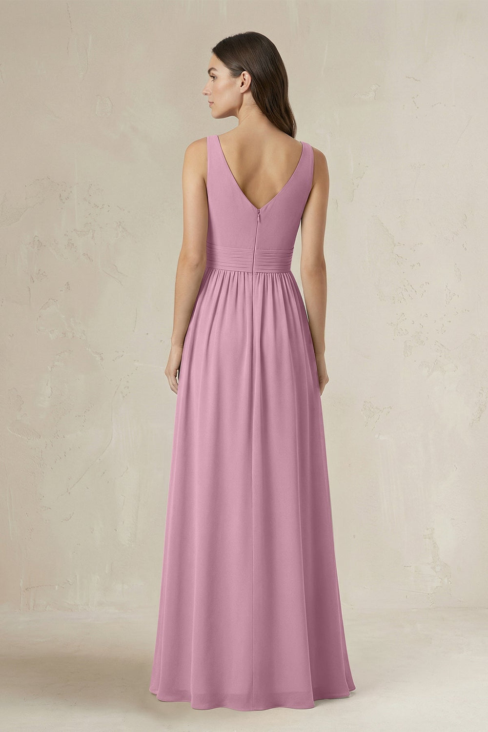 Illusion V - Neck A - Line Ruched Bridesmaid Dress in Vintage Mauve - KISS BRIDAL Bridesmaid Dresses