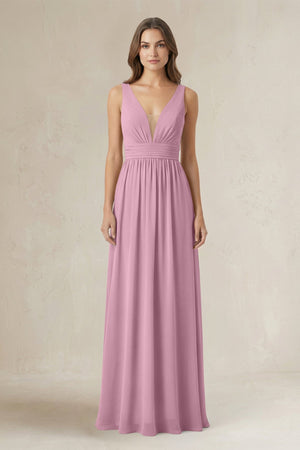 Illusion V - Neck A - Line Ruched Bridesmaid Dress in Vintage Mauve - SHE IS ME Bridesmaid Dresses