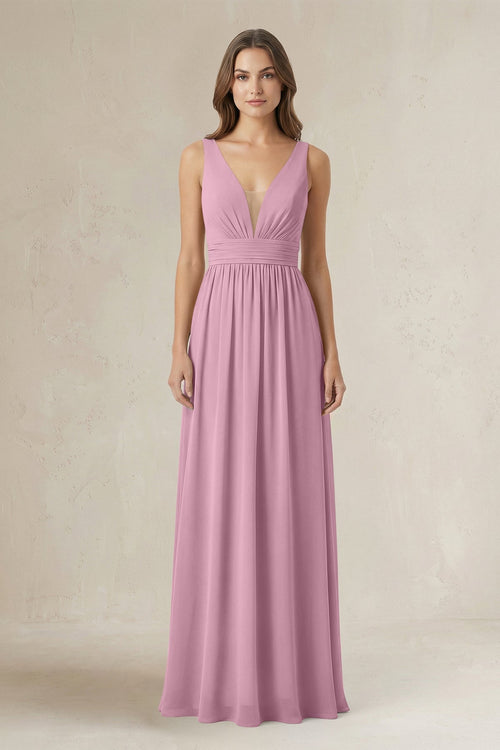 Illusion V - Neck A - Line Ruched Bridesmaid Dress in Vintage Mauve - SHE IS ME Bridesmaid Dresses
