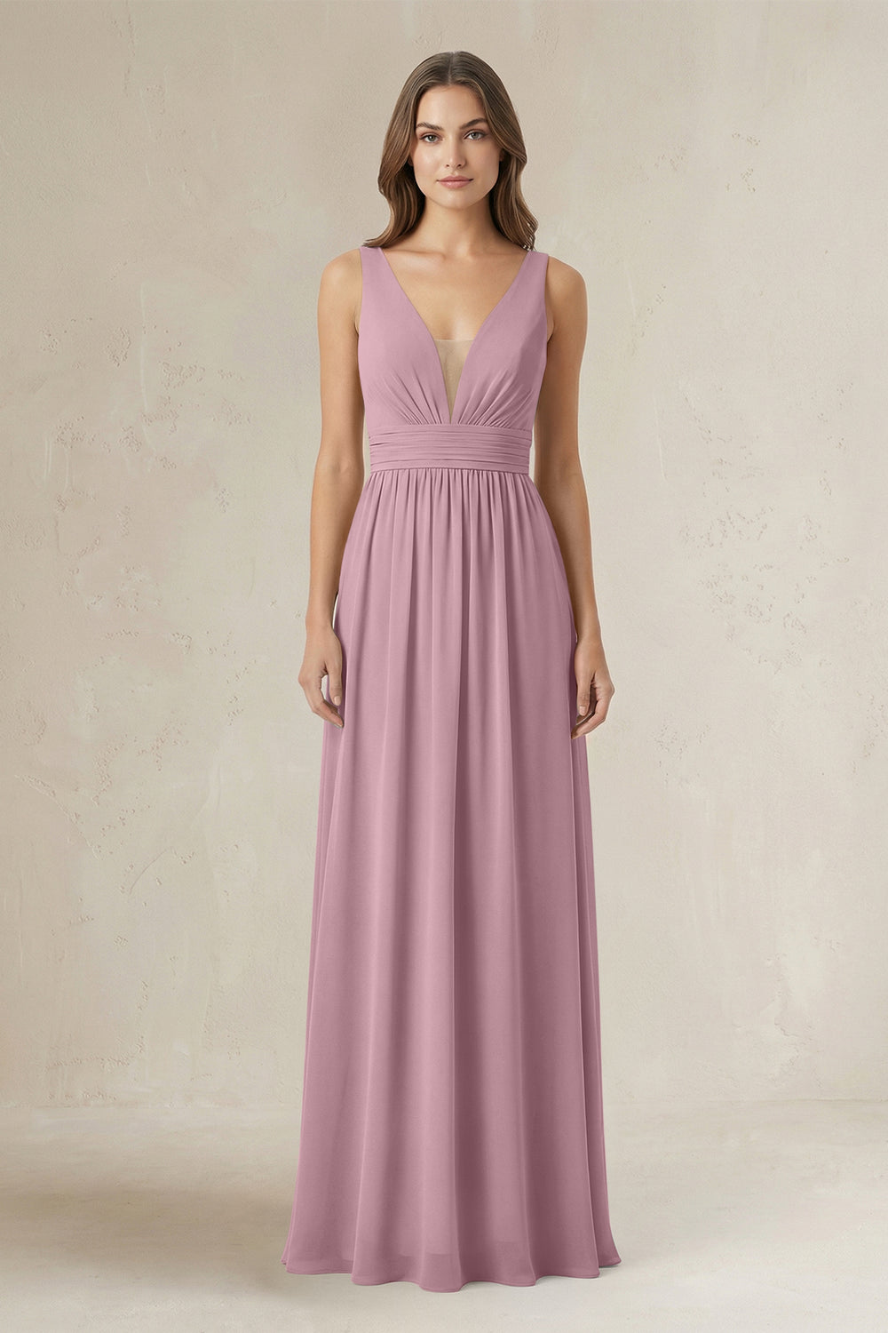 Illusion V-Neck A-Line Ruched Bridesmaid Dress in Vintage Mauve