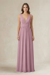 Illusion V-Neck A-Line Ruched Bridesmaid Dress in Vintage Mauve | KISSBRIDAL