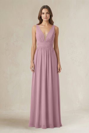 Illusion V-Neck A-Line Ruched Bridesmaid Dress in Vintage Mauve | KISSBRIDAL